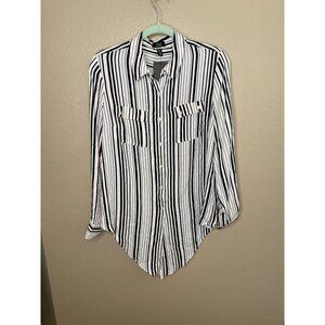 Jones New York Signature Womens Black White Striped Button-Down Shirt Large NEW